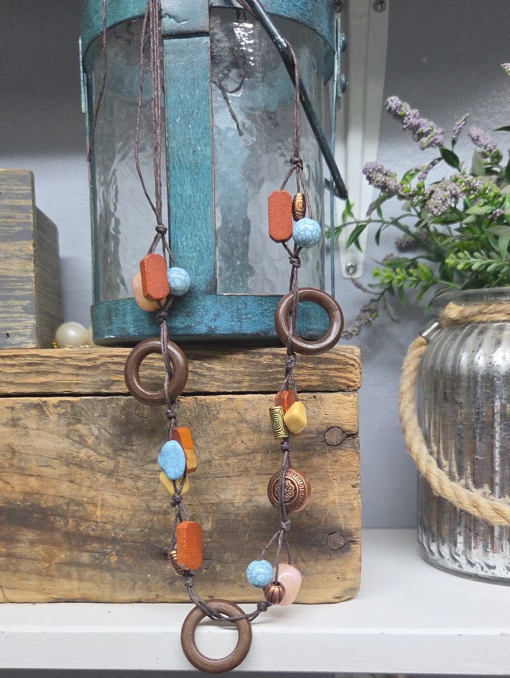 Handmade Boho Wood Ring & Faux Turquoise Long Cord Necklace